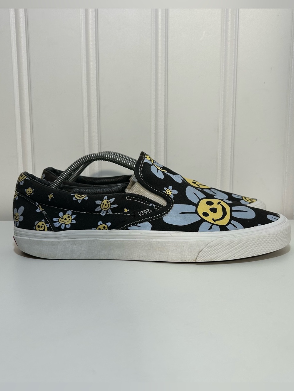 Vans Slip On Sneakers trippy grin happy face flowers blue yellow black mens 11.5